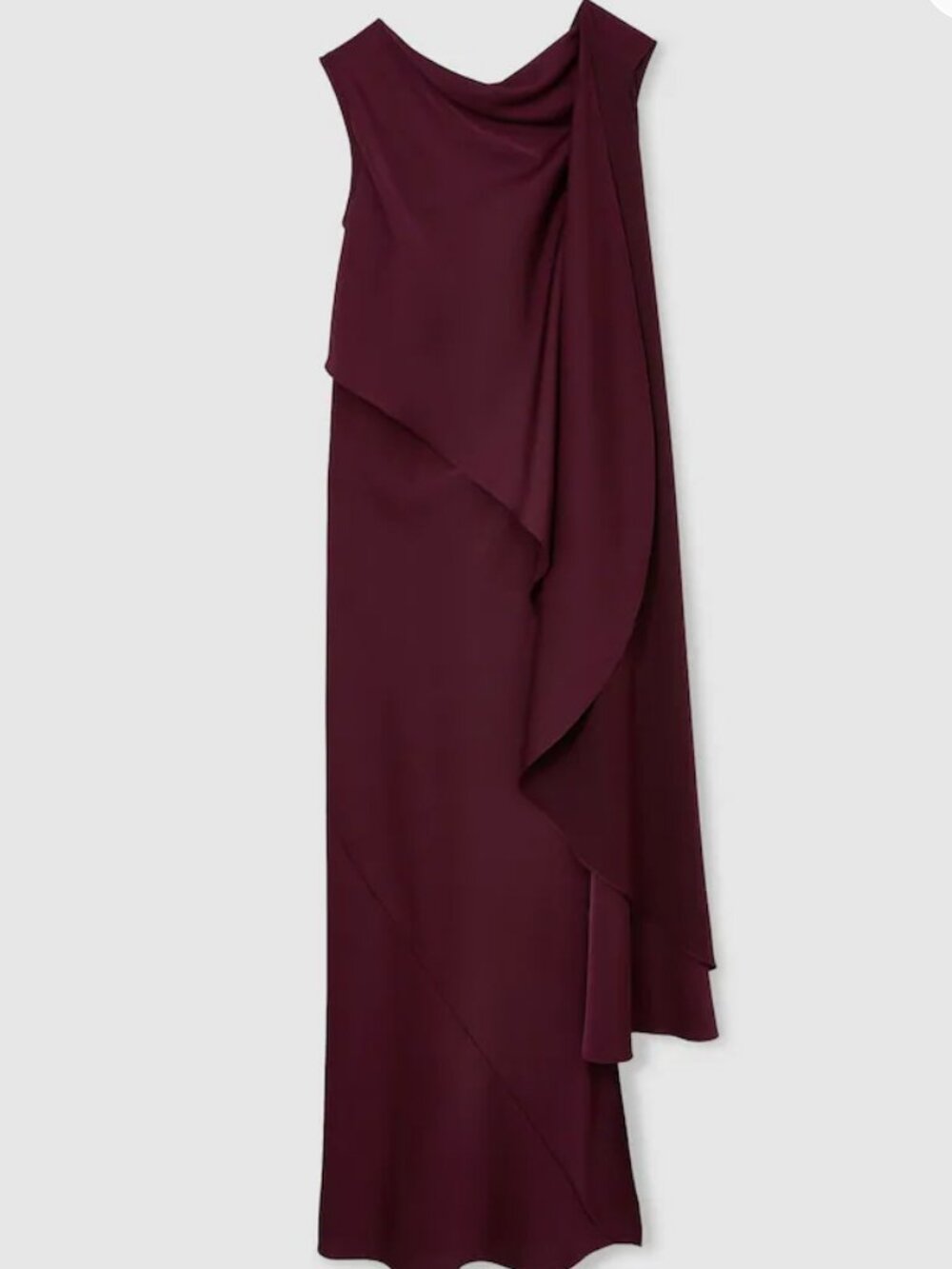 REISS Winnie Asymmetric Maxi Dress Gown Berry Red Cape-Detail Cocktail Event - Picture 5 of 11